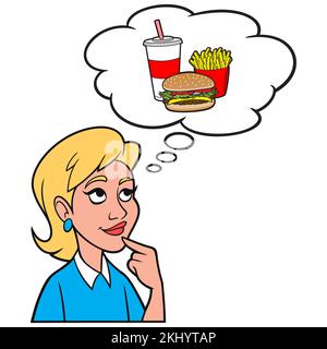 Mädchen, die über Fast Food nachdenken – Eine Zeichentrickfigur, in der ein Mädchen darüber nachdenkt, Fast Food zum Mittagessen zu essen. Stock Vektor