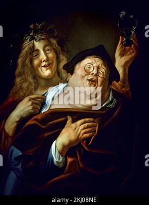 Bacchus und ein Mitläufer 1645 17. von Jacob Jordaens (1593-1678) lemischer Barockmaler Belgien (Bacchus - Dionysus, Dionysus, griechisch-römische Religion, ein naturgott der Fruchtbarkeit und Vegetation, besonders bekannt als gott des Weins und der Ekstase.) Stockfoto