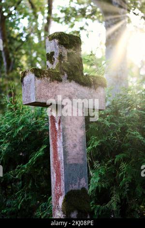 Ein vertikales Bild eines Betonkreuzes, bedeckt mit Moos auf einem alten Friedhof. Schöne Sonnenstrahlen erhellen es Stockfoto