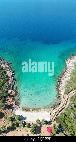 Draufsicht über Cleopatra Beach auf Sedir Island, Marmaris, Akyaka, Muğla, Türkei. Stockfoto