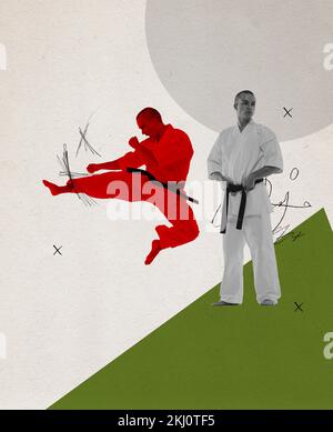 Collage für zeitgenössische Kunst. Kampfsport-Ästhetik. In einem Sprung. Kreatives Design mit jungen Karate-Sportlern Stockfoto