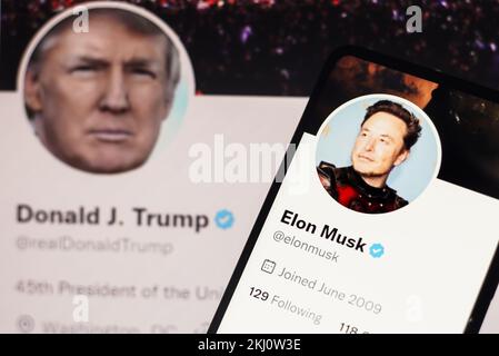 In dieser Fotoabbildung wird das Twitter-Konto von Donald Trump auf einem Laptop-Bildschirm und das Twitter-Konto von Elon Musk auf einem Smartphone-Bildschirm angezeigt. Stockfoto