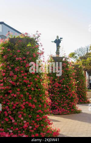 Statue von St. Sofia hinter Büschen roter Blumen in Bulgarien. Stockfoto