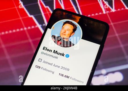 In dieser Fotoabbildung wird das Elon Musk Twitter-Konto auf einem Smartphone-Bildschirm angezeigt. Stockfoto