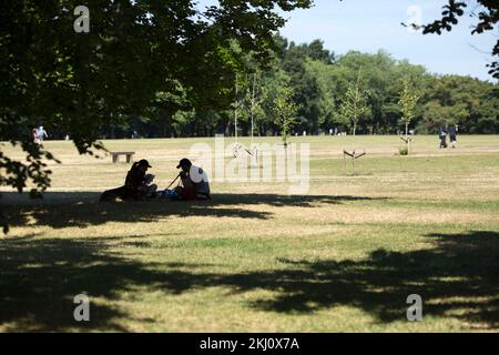 Die Menschen ruhen im Schatten in einem ausgetrockneten Regent's Park in London. Stockfoto