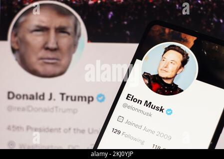 In dieser Fotoabbildung wird das Twitter-Konto von Donald Trump auf einem Laptop-Bildschirm und das Twitter-Konto von Elon Musk auf einem Smartphone-Bildschirm angezeigt. (Foto: Rafael Henrique / SOPA Images/Sipa USA) Stockfoto