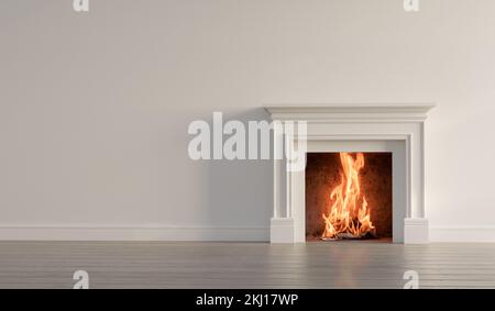 Großer traditioneller Kamin mit knisterndem Kamin. Leeres Mantelablagefach. 3D-Rendering Stockfoto