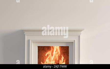 Großer traditioneller Kamin mit knisterndem Kamin. Leeres Mantelablagefach. 3D-Rendering Stockfoto