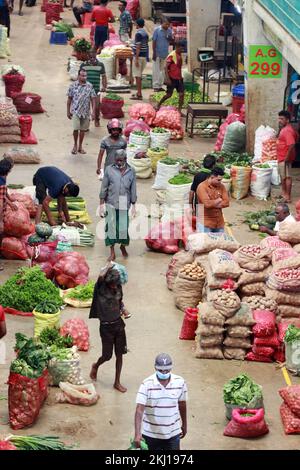 Colombo, Sri Lanka. 24.. November 2022. Menschen kaufen Gemüse auf einem Großhandelsmarkt in Colombo, Sri Lanka, am 24. November 2022. Sri Lankas Inflation, gemessen an der Veränderung des nationalen Verbraucherpreisindexes im Jahresvergleich, sank von einem Rekordhoch von 73,7 Prozent im September auf 70,6 Prozent im Oktober, sagte das Ministerium für Volkszählung und Statistik am Montag. Kredit: Ajith Perera/Xinhua/Alamy Live News Stockfoto