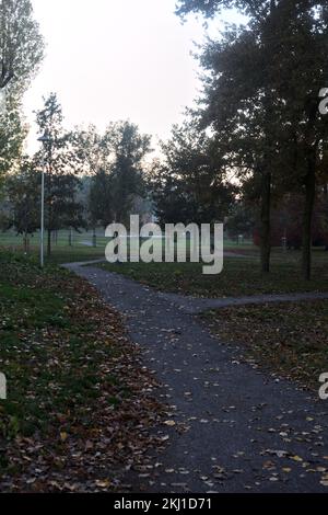 Wanderwege in einem Park neben einem See bei Sonnenuntergang im Herbst Stockfoto