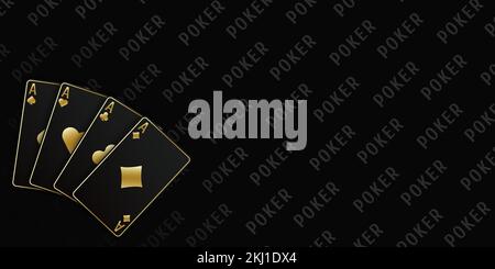 Ein Fan von Spielkarten, bestehend aus vier schwarzen und goldenen Pik-Ass, Diamanten, Clubs, Herzen. Vektor-Illustrations-Poker und Casino von allen Ass Stock Vektor