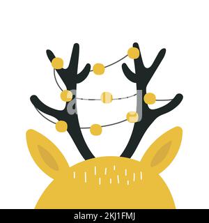 Hirschhörner mit Girlande. Dekorativer, niedlicher Hintergrundevektor. Handgezeichnetes Posterdesign. Skandinavischer minimalistischer Kinderstil, schwarz und gelb Stock Vektor