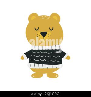 Cartoon bear in winter knitted sweater. Hand vector drawing illustration. Scandinavian minimalistic children style, black and yellow color Stock Vektor