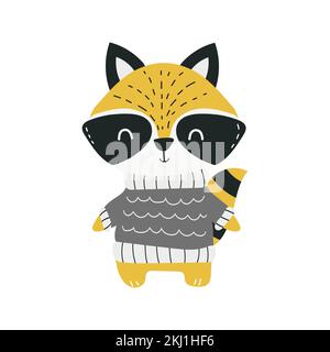 Waschbär isoliert. Süßes Zeichentricktier. Komischer Charakter. Schwarz und Gelb. Vektor für Geschenkgutschein. Skandinavischer minimalistischer Kinderstil Stock Vektor