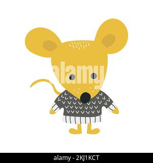Süße Maus. Ratte. Eine Maus in einem Strickpullover. Element für Grußkarten, Poster, Geschenkanhänger für Weihnachten und Neujahr. Vektordarstellung Stock Vektor