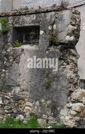 Überreste der alten Mauer mit Pflanzen, die in Rissen wuchsen Stockfoto