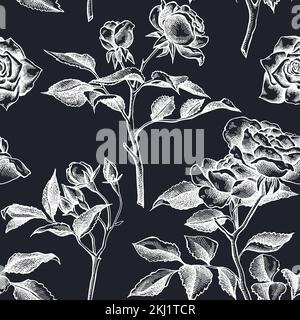 Gartenarbeit nahtlose Muster Hintergrund-Design. Gravierte Ausführung. Handgezeichnete Rose, Rosen. Stock Vektor