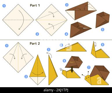 Origami-Tutorial für Kinder. Origami, süße Schnecke. Stock Vektor