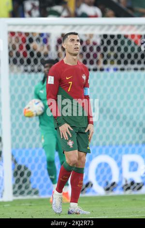 Der portugiesische Cristiano Ronaldo reagiert während eines Fußballspiels zwischen Portugal und Ghana in Gruppe H der FIFA-Weltmeisterschaft 2022 in Doha, Staat Katar, am Donnerstag, den 24. November 2022. BELGA FOTO BRUNO FAHY Kredit: Belga News Agency/Alamy Live News Stockfoto