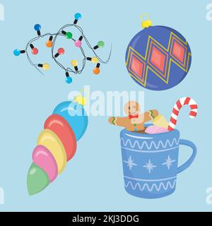 das weihnachtsset mit Vektorelementen umfasst weihnachtsspielzeug, Girlande, einen Becher voller Kaffee und Kekse Stock Vektor