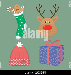 das weihnachtsset mit Vektorelementen umfasst Socken mit Süßigkeiten, Wintermütze, Hirsch und Geschenkbox Stock Vektor