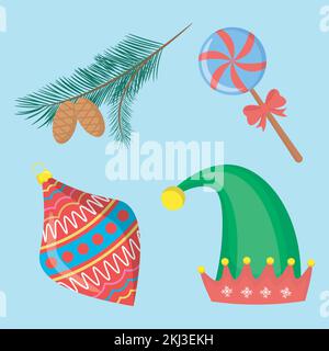 das weihnachtsset mit Vektorelementen umfasst ein weihnachtsspielzeug, einen Zweig mit Zapfen, Süßigkeiten und einen Koboldhut Stock Vektor