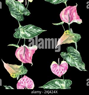 Nahtloses Muster mit Blättern und Anthuriumblumen (Flamingo Flower). Von Hand gezeichnete Aquarelle realistische Illustration auf schwarzem Hintergrund. Stockfoto