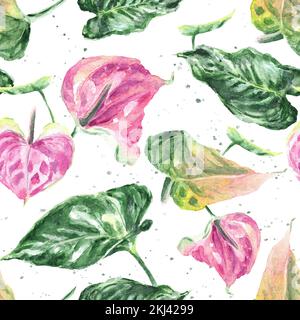 Nahtloses Muster mit Blättern und Anthuriumblumen (Flamingo Flower). Von Hand gezeichnete Aquarelle realistische Illustration auf weißem Hintergrund. Stockfoto