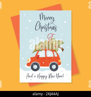 Frohe weihnachten und frohe Neujahrskarte mit niedlichem Retro-Auto und weihnachtsbaum auf dem Dach. Postkarte, Poster, Einladungsvorlage. Stock Vektor