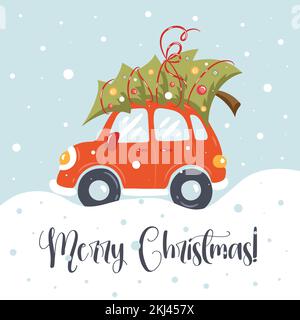 Süßes rotes Retro-Auto mit weihnachtsbaum auf dem Dach. Frohe weihnachten und frohe Neujahrskarte, Postkarte, Poster, Banner, Einladungsdesign. Stock Vektor