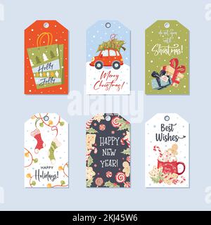 Weihnachtsanhänger mit Schriftzug und handgezeichneten Designelementen. Stock Vektor