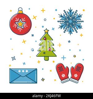 Kollektion von farbigen Symbols für das neue Jahr in dünner Linie. Weihnachtsball, Schneeflocke, dekorierter Weihnachtsbaum, Weihnachtspost und Fäustlinge mit Schneeflocke Stock Vektor