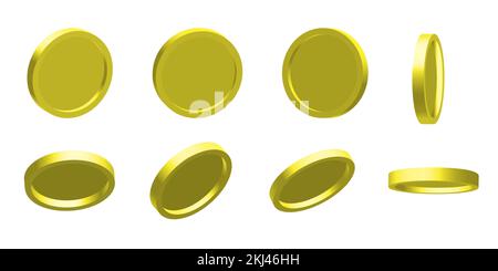 Leeres Set mit 3D Goldmünzen. Rotierende Goldmünzen an verschiedenen Positionen, isoliert auf Weiß. Goldenes Geldset für das Design von Glücksspielen, Jackpot, Bank oder FIN Stock Vektor