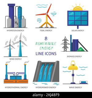 Kollektion von farbigen Symbolen für erneuerbare Energien. Verschiedene Arten ökologischer Stromquellen in flachen Symbolen. Stock Vektor