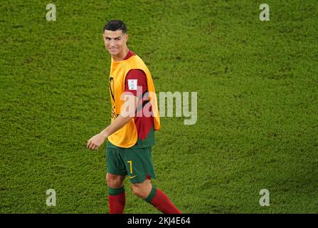 Portugals Cristiano Ronaldo lächelt nach dem FIFA-Weltmeisterschaftsspiel der Gruppe H im Stadium 974 in Doha, Katar. Foto: Donnerstag, 24. November 2022. Stockfoto