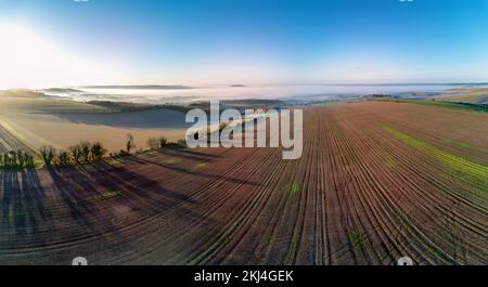 Ein Blick aus der Vogelperspektive an einem nebligen Herbstmorgen über Cranborne Chase AONB in Wiltshire, Großbritannien Stockfoto