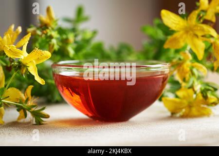 Rotes Öl aus frischem St. Johanniskraut-Blüten. Alternativmedizin. Stockfoto