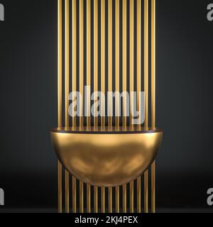 Abstrakter Hintergrund des goldenen Hemisphärischen Podiums und schwarzer Hintergrund. 3D-Rendern Stockfoto