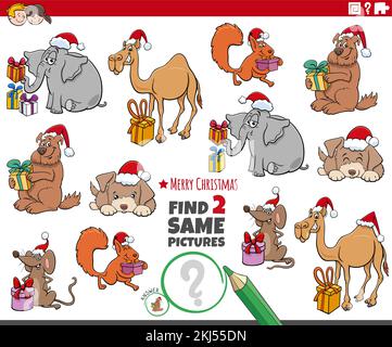 Cartoon-Darstellung, wie man zwei Bilder mit lustigen Tieren und Weihnachtsgeschenken findet Stock Vektor