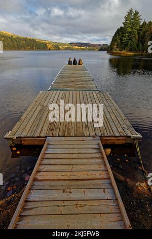 Auf einem hölzernen Ponton am Ufer des Lake Wapizagonke, La Mauricie National Park, Quebec, Kanada Stockfoto