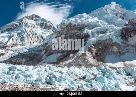 Khumbu-Gletscher, Mt. Everest, Mt. Muptse, Mt. Das ist vom Everest-Basislager in Solukhumbu, Nepal, aus zu sehen Stockfoto