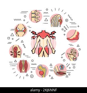 Webbanner Rheumatologie. Infografiken mit linearen Symbolen auf weißem Hintergrund. Kreatives Ideenkonzept. Stock Vektor