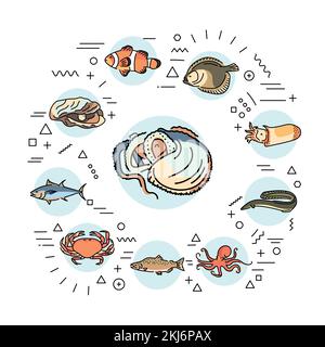 Schalentiere und Fische Webbanner. Infografiken mit linearen Symbolen auf weißem Hintergrund. Kreatives Ideenkonzept. Stock Vektor