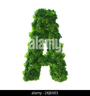 3D Buchstabe A. Grüne Pflanze, Blätter, Gras, Moos, Basilikum, Minze. Isoliert auf weißem Hintergrund mit Beschneidungspfad. 3D Abbildung. Stockfoto