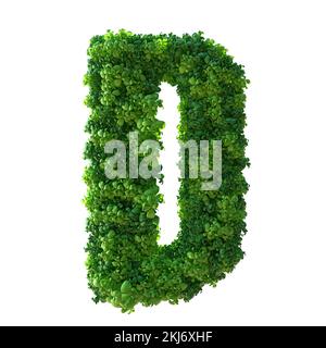 3D Buchstabe D. Grüne Pflanze, Blätter, Gras, Moos, Basilikum, Minze. Isoliert auf weißem Hintergrund mit Beschneidungspfad. 3D Abbildung. Stockfoto