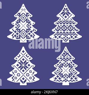 Weihnachtsbäume. Ein Satz Schablonen zum Laserschneiden von Papier, Karton, Holz, Metall. Für die Gestaltung von Weihnachtsbaumschmuck, Neujahr und Chr Stock Vektor