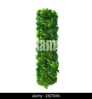 3D Buchstabe I. Grüne Pflanze, Blätter, Gras, Moos, Basilikum, Minze. Isoliert auf weißem Hintergrund mit Beschneidungspfad. 3D Abbildung. Stockfoto