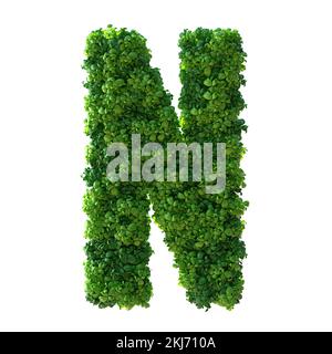 3D Buchstabe N. Grüne Pflanze, Blätter, Gras, Moos, Basilikum, Minze. Isoliert auf weißem Hintergrund mit Beschneidungspfad. 3D Abbildung. Stockfoto