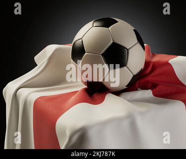 Normale Fußballbälle, die auf einer englischen Flagge liegen, über einem Sockel auf einem isolierten Studiohintergrund mit 3D-Rendering Stockfoto