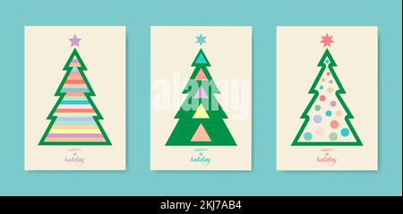 Vintage Happy Holiday-Cover. Weihnachtsbaum-Set-Karte. Designvorlagen mit Typografie, Saisonwünsche in modernem minimalistischem Stil für Web, Social medi Stock Vektor